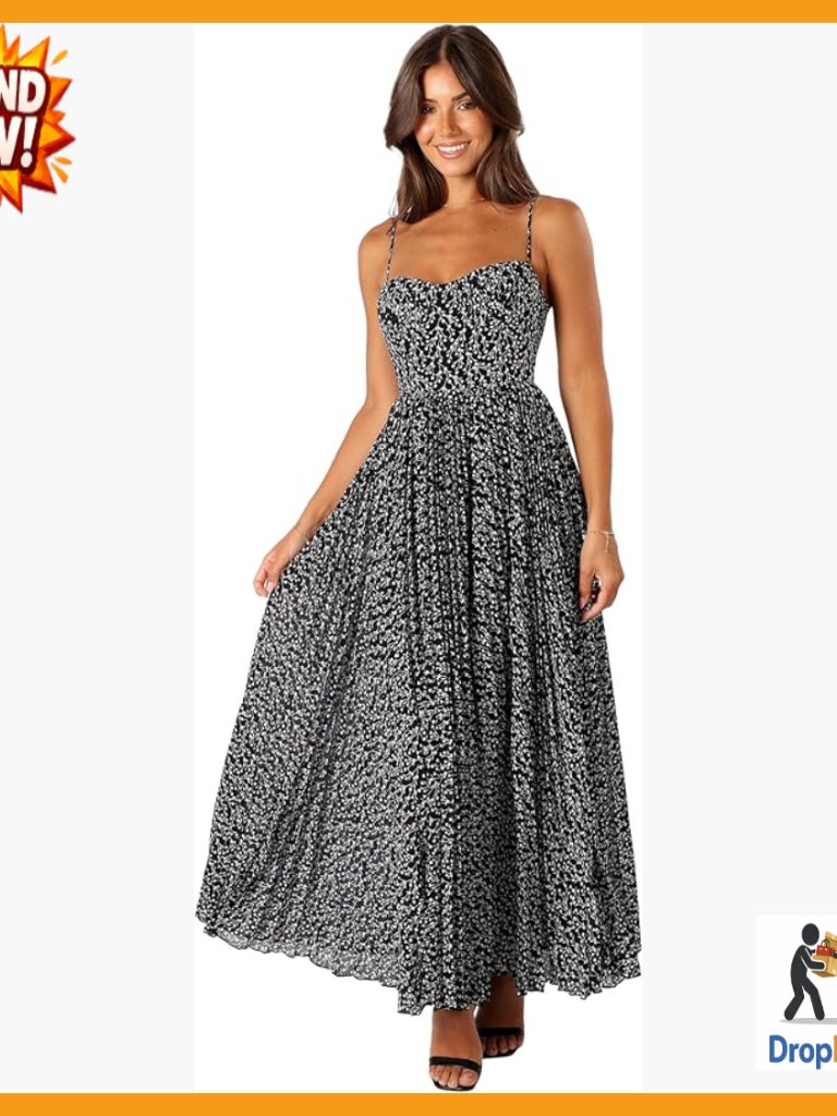 Pleated Maxi Dress Sweetheart Neckline Adjustable Straps Underwire Bust Elegant